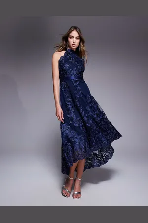 Goddiva Halter neck lace high and low dress in
