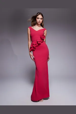 Goddiva Scuba crepe rose frill maxi dress in magenta