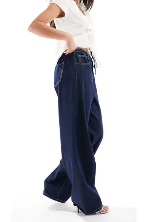 Bershka Drawstring waist wide leg jeans in indigo wash
