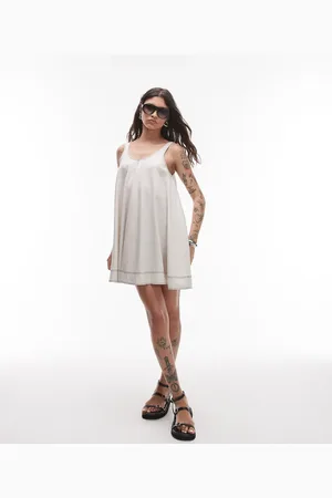 Topshop Linen trapeze mini dress with deep hem in natural with contrast stitch