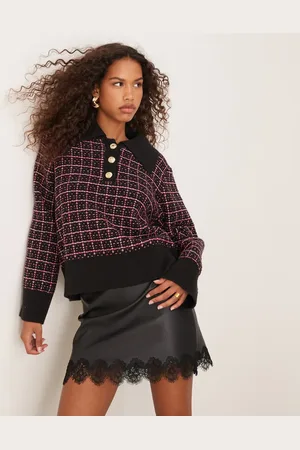 Y.A.S Knitted polo jumper in pink check