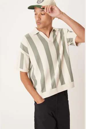 ASOS Relaxed boxy fit knitted textured notch neck polo in ecru and green stripe