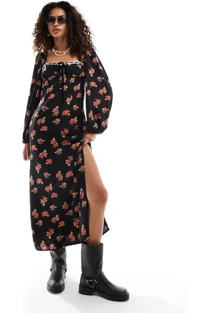 Kiss The Sky Long sleeve bustier maxi dress in black floral
