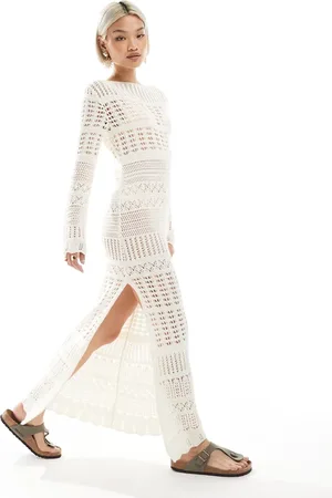 Miss Selfridge Knitted crochet o ring long sleeve maxi dress in cream