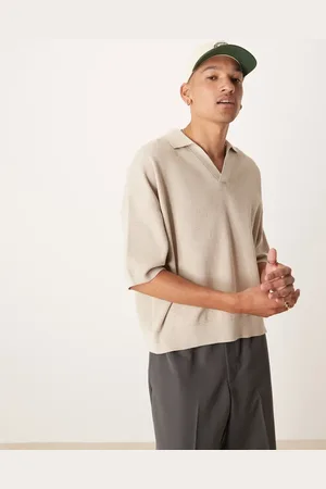 ASOS Oversized boxy fit textured knitted notch neck polo in ecru