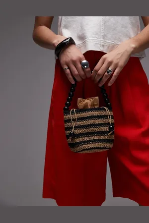 Topshop Gevvie beaded handle straw bag in black stripe
