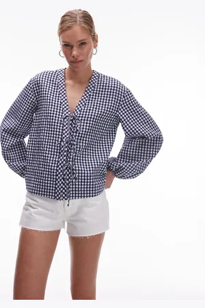 ARKET V-neck blouse with bow tie front in gingham check