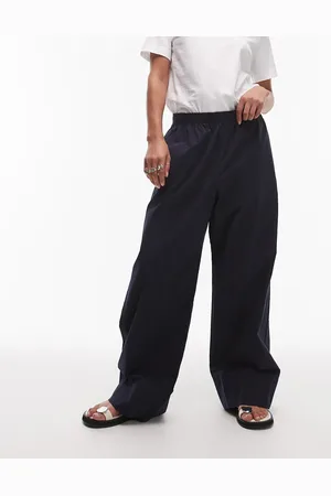 ARKET Poplin straight leg trousers with pull-on waist in navy