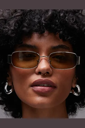 Topshop Crete rectangle metal sunglasses in with green lens