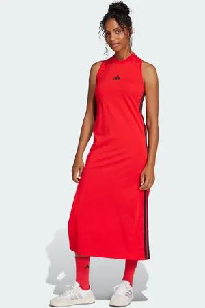 adidas Essentials 3-stripes long racerback dress in pure ruby / black