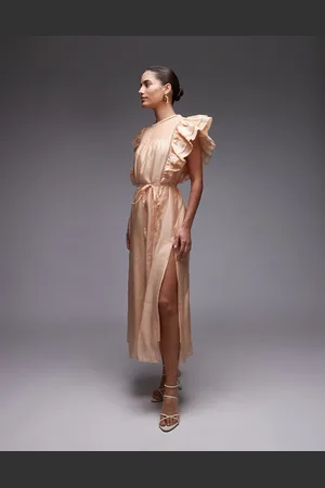 & OTHER STORIES Midaxi dress with pintuck bodice and double ruffle sleeves in beige