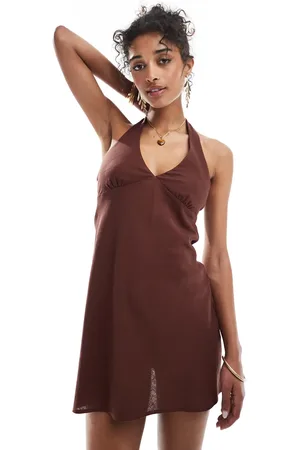 Bershka Halterneck linen mini dress in chocolate