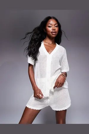 Princess Polly Crochet scallop trim button front shirt and shorts full set in