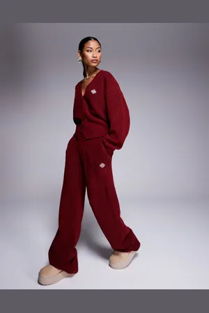 The Couture Club Co-ord fluffy knitted joggers in burgundy