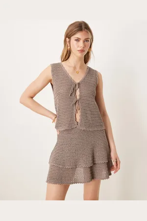 ASOS Knitted crochet tie front vest co-ord in mocha