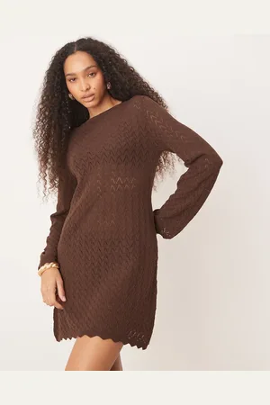 ASOS Knitted mini dress with flared sleeve in brown