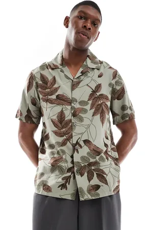 French Connection French Connection short sleeve revere shirt in khaki leaf print