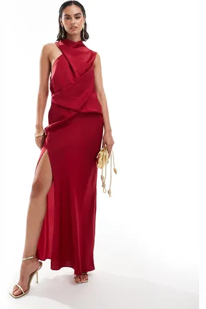 ASOS Satin asymmetric neck maxi dress with puddle hem in claret red