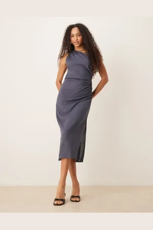 MANGO Linen mix one shoulder dress with ruched side in dusty