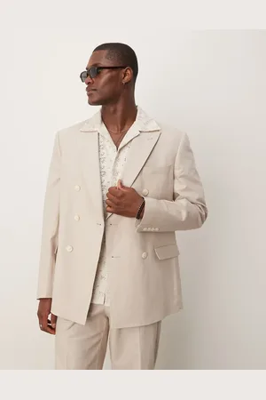 ASOS Linen blend double breasted regular suit jacket in stone - STONE
