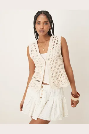 VILA Premium floral hem crochet detail waistcoat in birch cream
