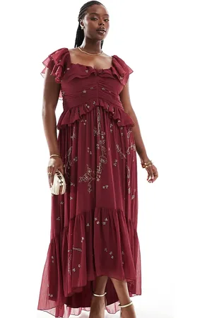 ASOS ASOS DESIGN Curve scatter embellished ruffle off shoulder cut out midi dress in burgundy