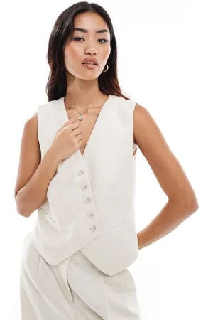 VERO MODA Linen touch asymmetric button front waistcoat co-ord in beige