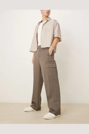 ASOS Smart wide leg trousers with double pleats and cargo pockets in khaki with elasticated waist