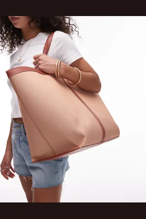 ARKET Large canvas tote with brown leather details contrast stitches in netural beige