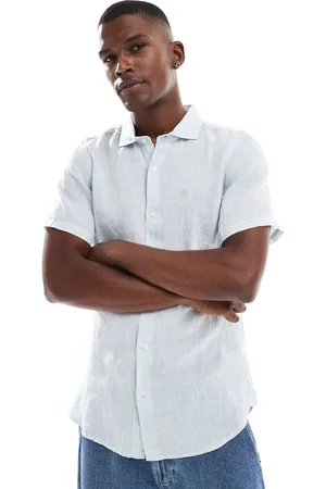 Superdry Sd embroidered vacation linen shirt in sky ticking linen