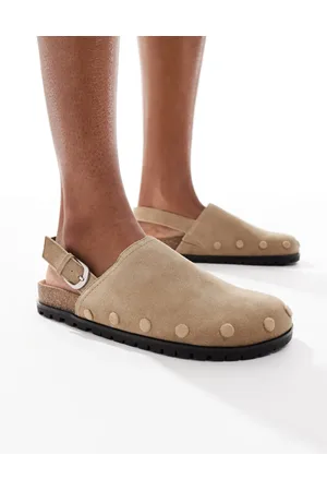 Stradivarius Ankle strap flat leather mule in tan
