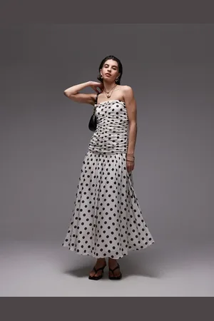 MANGO Bandeau maxi dress with dropped waist and ruched bodice in mono polka dot print