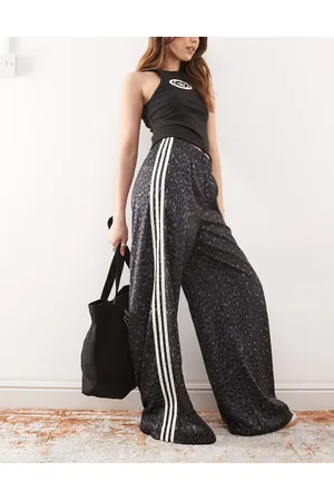 adidas Satin wide leg track pants in black leopard print
