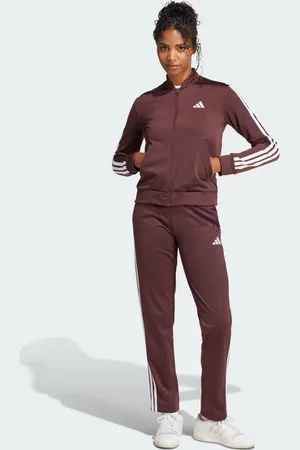 adidas Essentials 3-stripes track suit in aurora ruby / brown