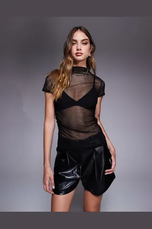 Missyempire Sheer mesh cap sleeve ruched side top in