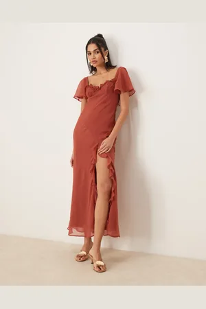 ASOS Flutter sleeve lace trim ruffle split midaxi dress with open back in rust