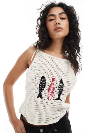 ASOS Knitted tank top with fish embroidery in ecru