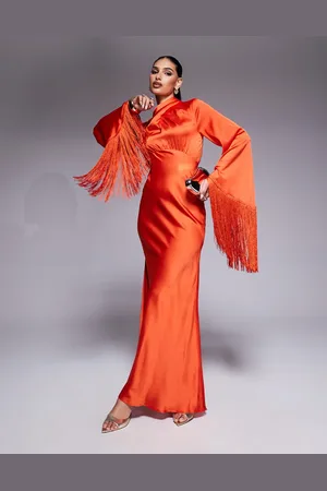 ASOS Draped neck satin bias maxi dress with fringe sleeve detail in