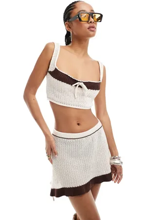 Daisy Street Crochet cami crop top co-ord in brown and cream