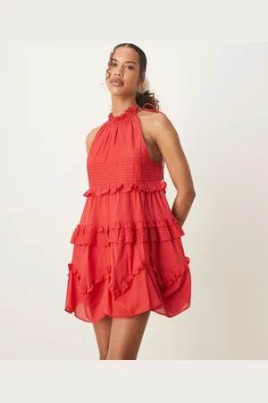 ASOS Halter ruffle mini dress with pintucks in deep red