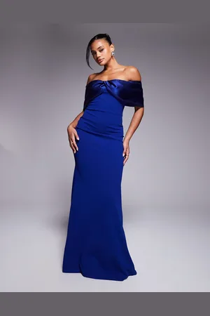 Goddiva Twist knot satin & scuba bardot maxi dress in royalblue