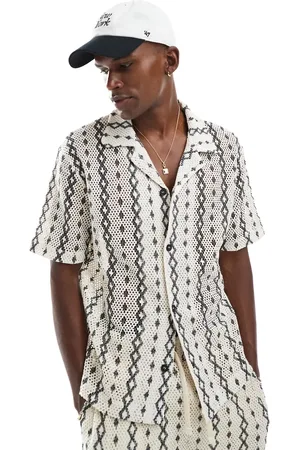 River Island Revere collar crochet shirt co-ord in ecru pattern