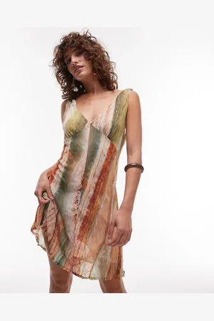 Topshop Crinkle mesh print v neck flippy mini dress in