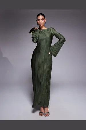 ASOS Low back plisse maxi dress with angel sleeves in soft khaki