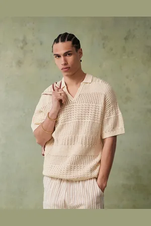 ASOS Relaxed crochet knitted notch neck polo in ecru