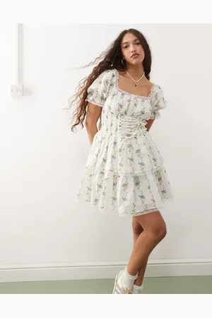 Miss Selfridge Corset mini dress in blue wallpaper floral print