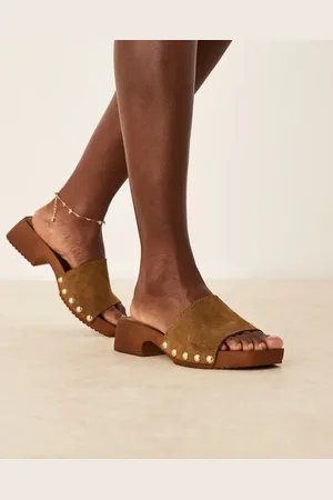 ASOS Flare premium suede mule sandal clogs in khaki