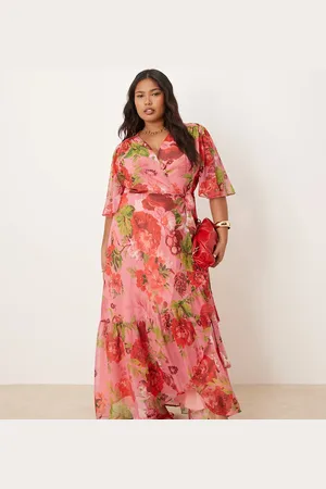 HOPE & IVY Flutter sleeve maxi wrap dress with tie waist in multi