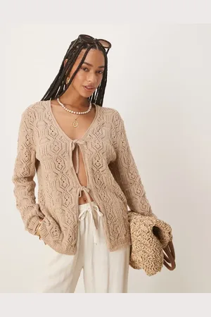 ASOS V neck tie front cardigan in crochet stitch in beige