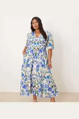 HOPE & IVY V-neck puff sleeve midi smock dress in white print